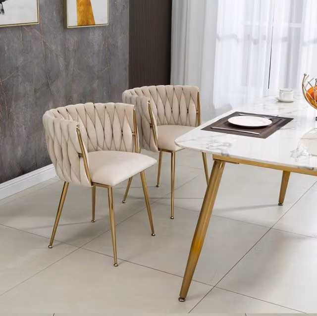 Set da 2 Sedie Moderne in Velluto con Gambe Dorate in Metallo, Design Intrecciato e Cuscino Morbido per Sala da Pranzo e Soggiorno