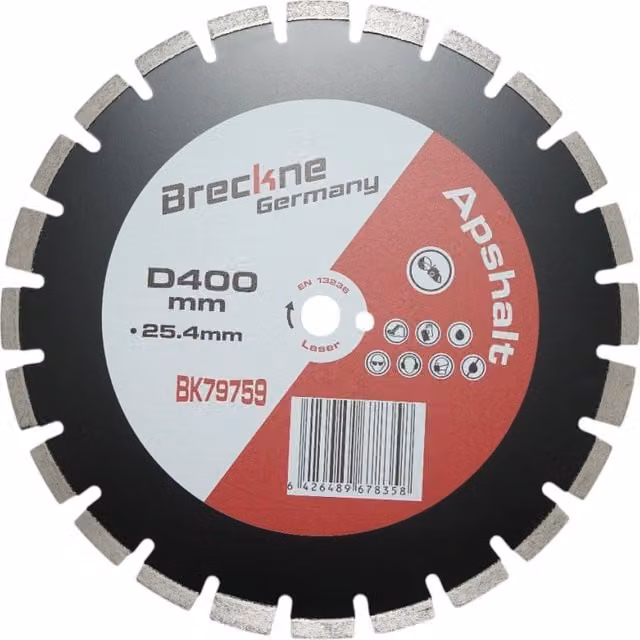 Disco diamantato segmentato Breckner per asfalto e calcestruzzo fresco, Diametro: 400 mm, Foro: 25,4 mm, Segmento A40 12 mm