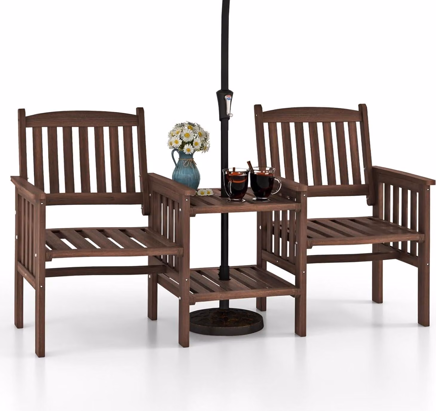 Panchina da giardino KOMFOTTEU con tavolo e foro per ombrellone integrati, panchina a 2 posti in legno di abete, panchina da esterno per parco 165 x 60 x 88 cm, set da giardino per balcone terrazzo, bianco (marrone)