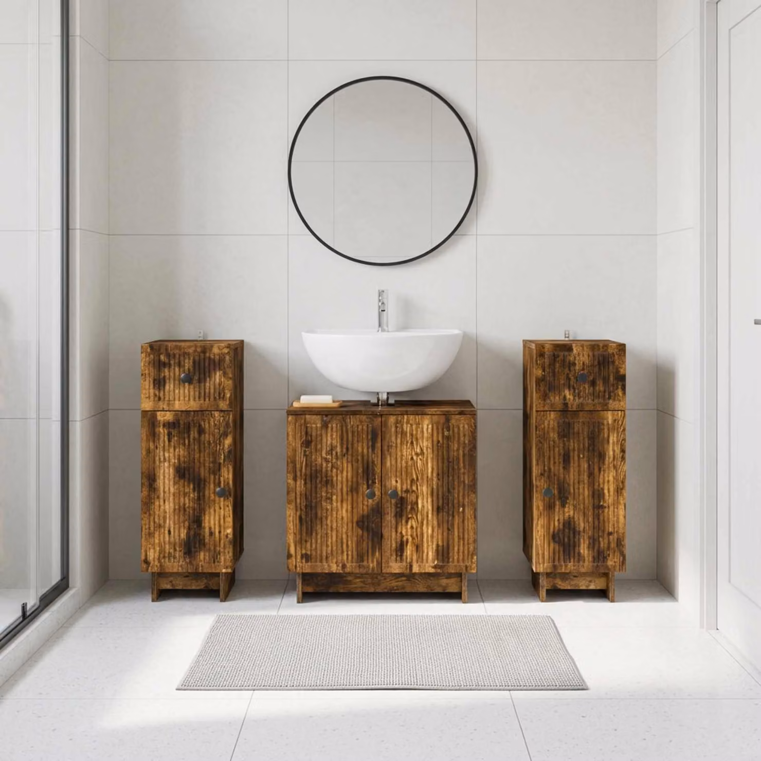 Set di mobili da bagno vidaXL in 3 pezzi in legno Rovere Fumo marrone con design minimalista e ante a battente