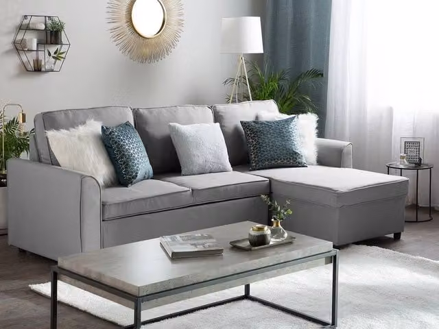 Divano Letto Angolare Beliani in Tessuto Grigio con Letto Contenitore e Orientamento a Sinistra