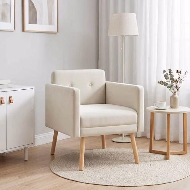 Poltrona moderna vidaXL in velluto beige con braccioli e struttura in legno