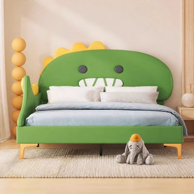 Letto per bambini dinosauro verde 140 x 200 cm in PU e MDF