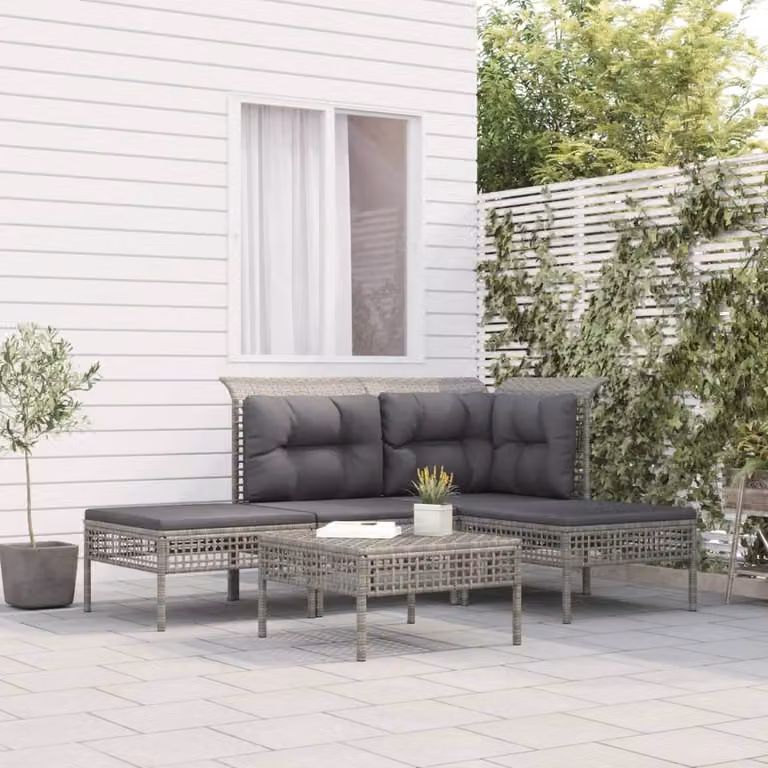 The Living Store Set da giardino 5 pezzi con cuscini in poly rattan grigio