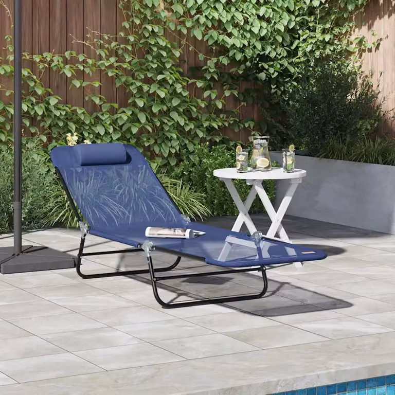 vidaXL Lettino prendisole pieghevole in textilene e acciaio con poggiatesta regolabile, Blu navy, L: 182 cm, P: 55 cm, H: 85,5 cm