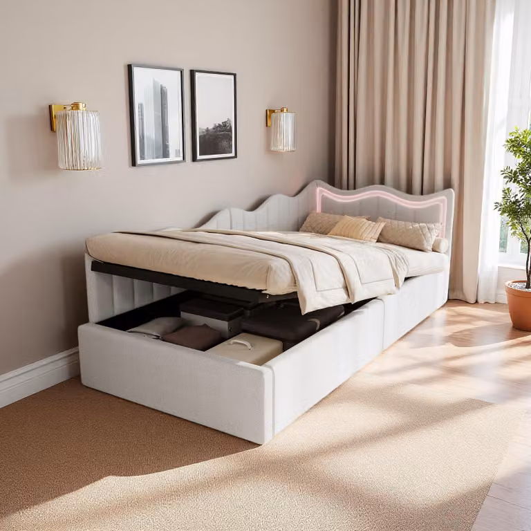 Letto imbottito UnboxG 90×200 cm in bianco, tessuto teddy - divano letto per bambini e divano letto con illuminazione LED, contenitore e molla a pressione a gas