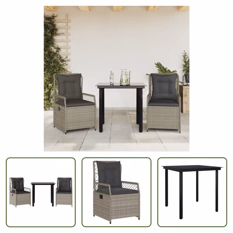 The Living Store Set da pranzo da giardino 3 pezzi con cuscini in rattan grigio chiaro