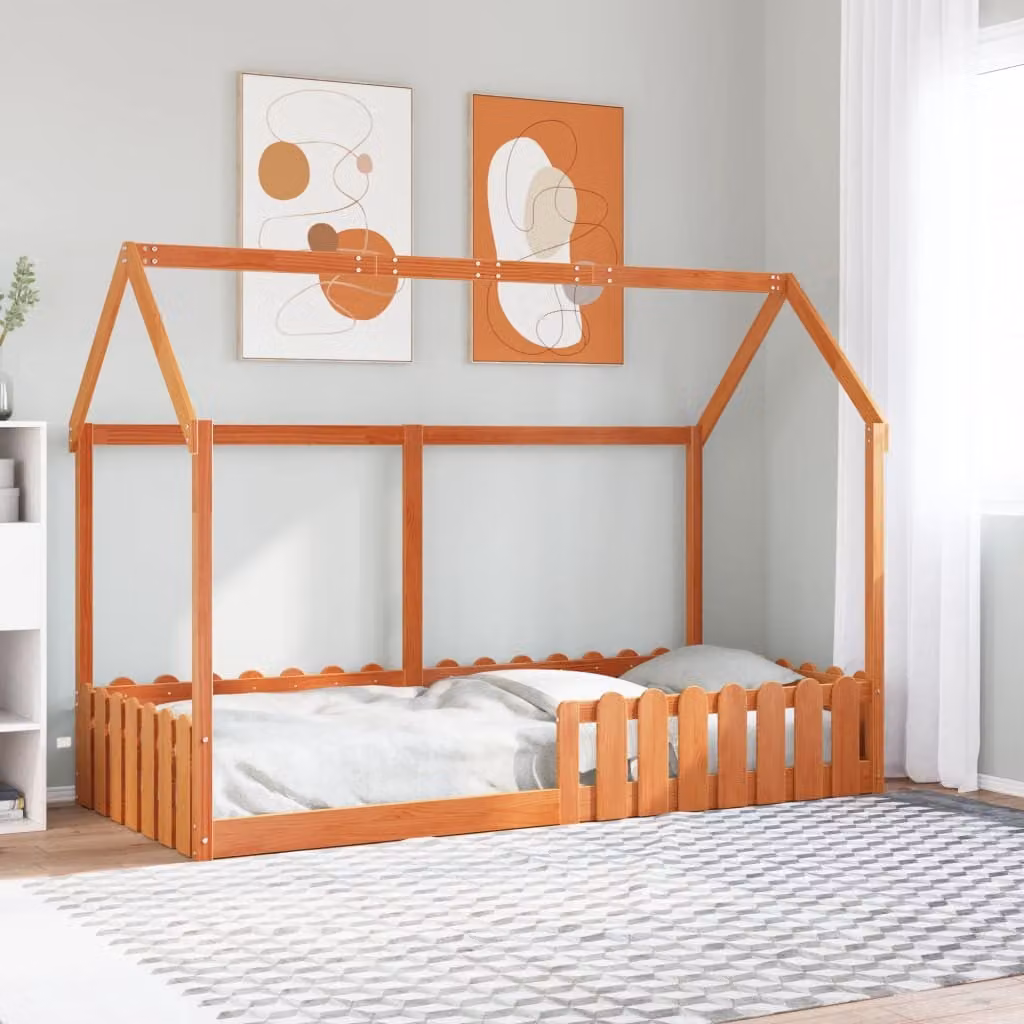 vidaXL Giroletto Casetta per Bambini in Legno di Pino Massello, Colore Marrone Cera, 90 x 200 cm