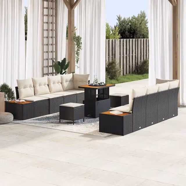 Set Divano da Giardino vidaXL a 10 posti con Tavolino e Ottoman, Colore Nero