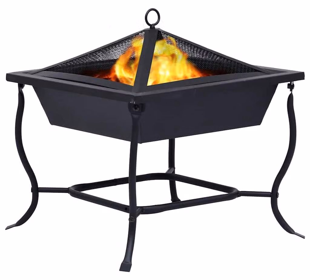 Braciere quadrato nero - 42x42x45 centimetri - Acciaio - Con protezione antiscintille e forcone