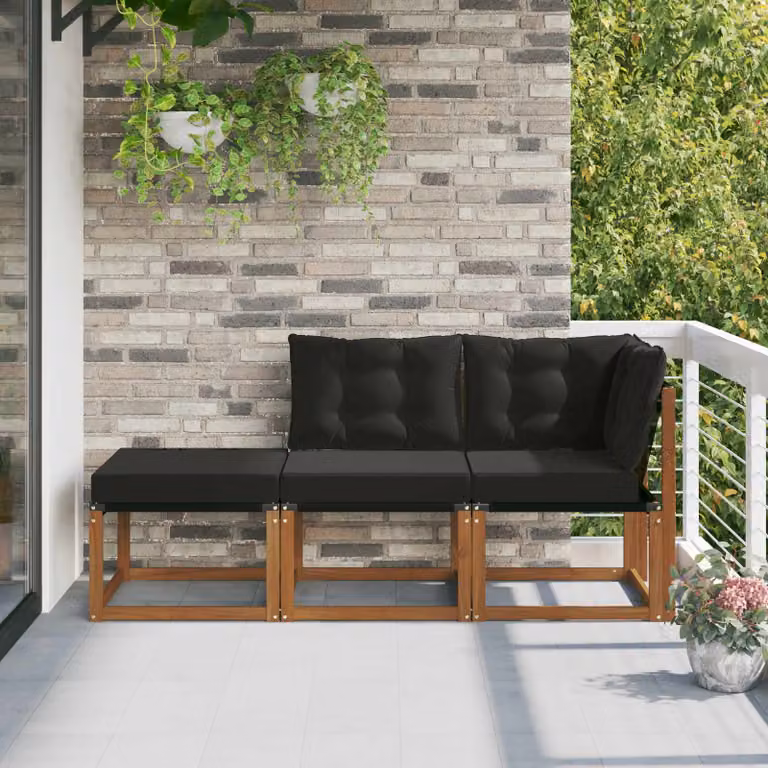 Set di divano modulare da esterno vidaXL a forma di L con pouf, struttura in legno di acacia trattato e cuscini in tessuto textilene, colore marrone e nero