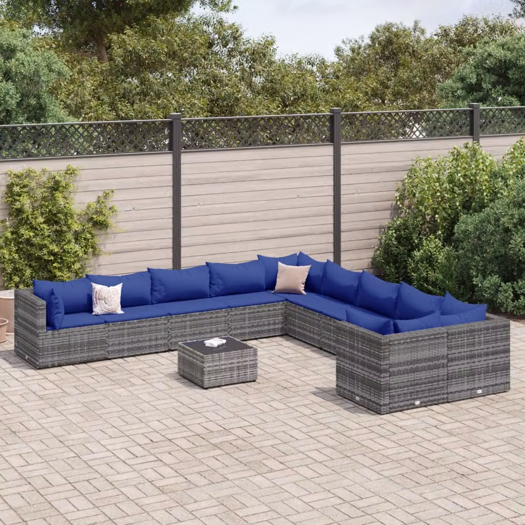 Set di divani da giardino vidaXL 11 pezzi in rattan con cuscini, forma a L, colore grigio e blu