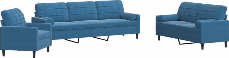 Set di Divani 3 pz con Cuscini e Rinforzi Blu in Velluto