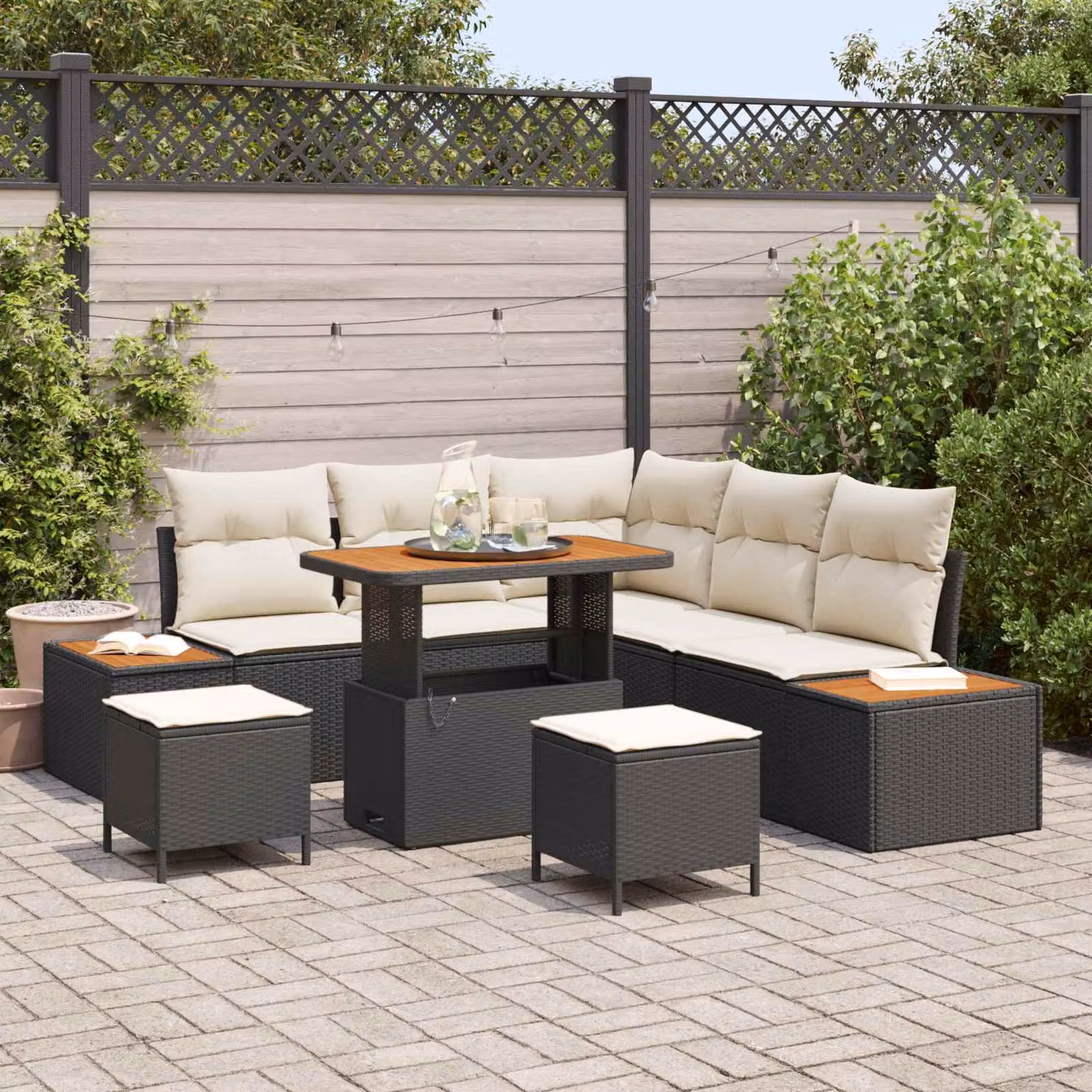 Set Divano da Giardino vidaXL 8 Pezzi con Cuscini, Design Moderno a L con Tavolino e Pouf, Nero e Beige – 1