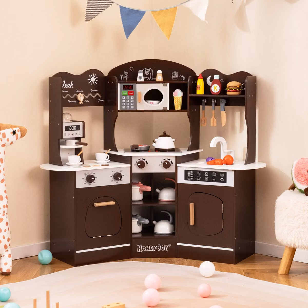 Cucina giocattolo angolare in legno Costway con macchina del caffè, luci e suoni, Marrone