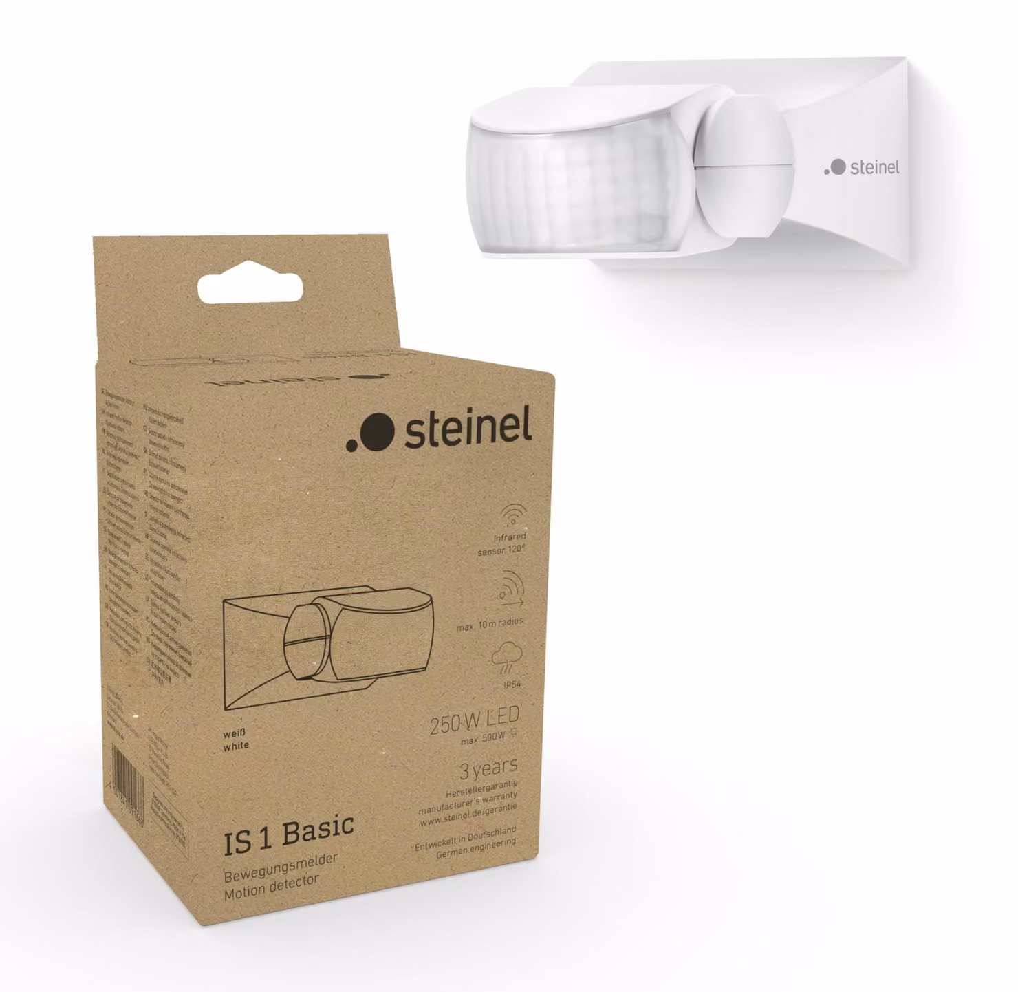 Sensore di movimento Steinel, modello Basic, sensore a 120°, portata 10 metri, adatto per interni ed esterni, grado di protezione IP54, montaggio a parete o a soffitto. Colore: bianco