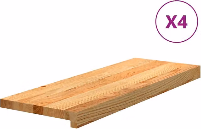 Set di 4 tappetini autoadesivi per scale in legno massello di rovere, colore marrone chiaro, L: 70 cm, P: 25 cm, H: 2 cm