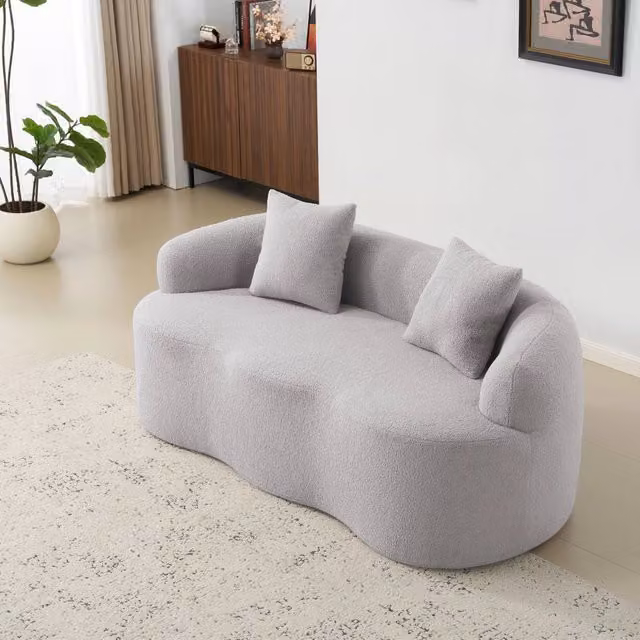 Divano 2 Posti Curvo ¨C MINIMAL ¨C Tessuto Grigio Chiaro, Beige, con Cuscini