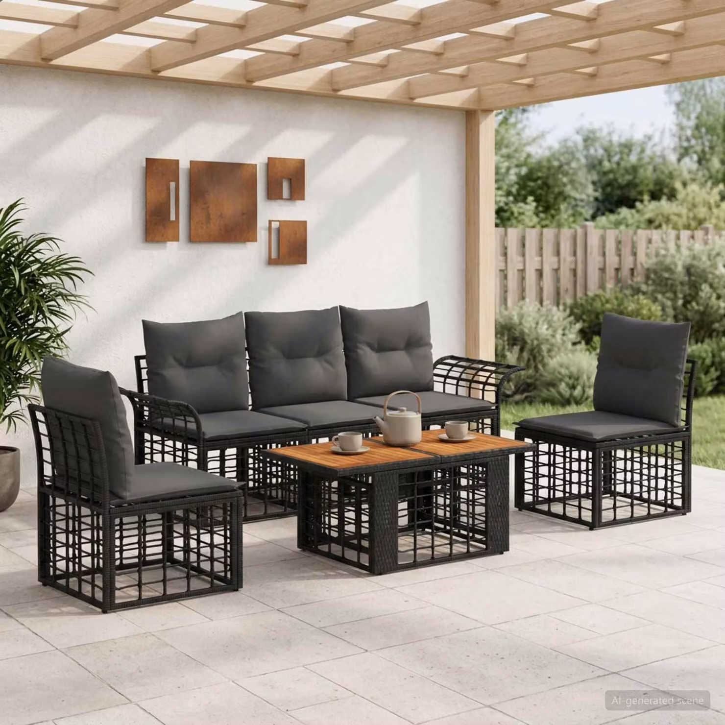 Set Divano da Giardino vidaXL 6 Pezzi in Polyrattan con Tavolino e Cuscini, Nero e Grigio