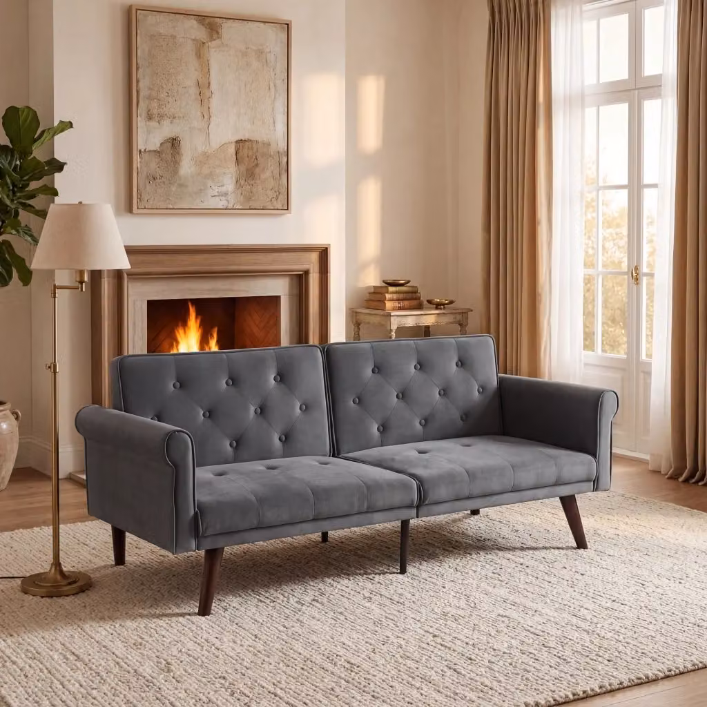 Divano letto 2 posti OKWISH in velluto grigio con schienali regolabili e funzione letto, L: 172 cm, P: 89 cm, H: 70 cm – 2