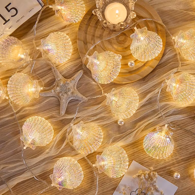 Catena luminosa a forma di conchiglia, lunghezza 3 metri, 20 LED, luce bianco caldo, alimentazione a batteria
