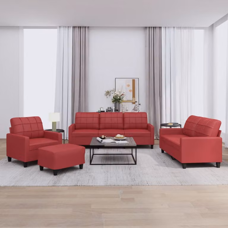 Set di divani modulari vidaXL 4 pezzi in similpelle rosso con cuscini e pouf per soggiorno
