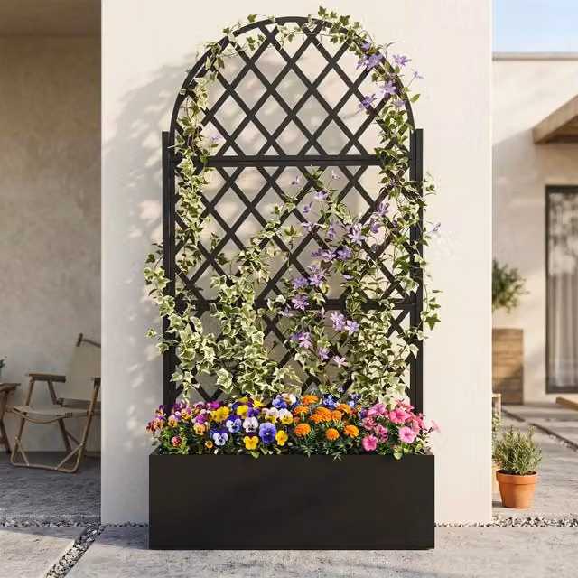 Fioriera con traliccio in metallo nero 90 x 40 x 180 cm, grigliato per piante rampicanti e pannello frangivista da giardino