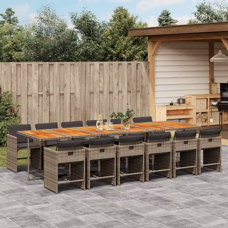 Set da Pranzo da Giardino vidaXL in Polyrattan e Legno di Acacia con 13 Pezzi e Cuscini Grigio e Marrone