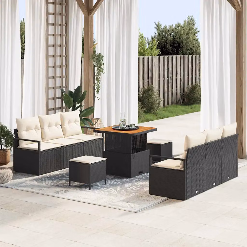 Set Divano da Giardino Moderno vidaXL in Polyrattan Nero con Cuscini e Tavolino da 9 Pezzi – 1