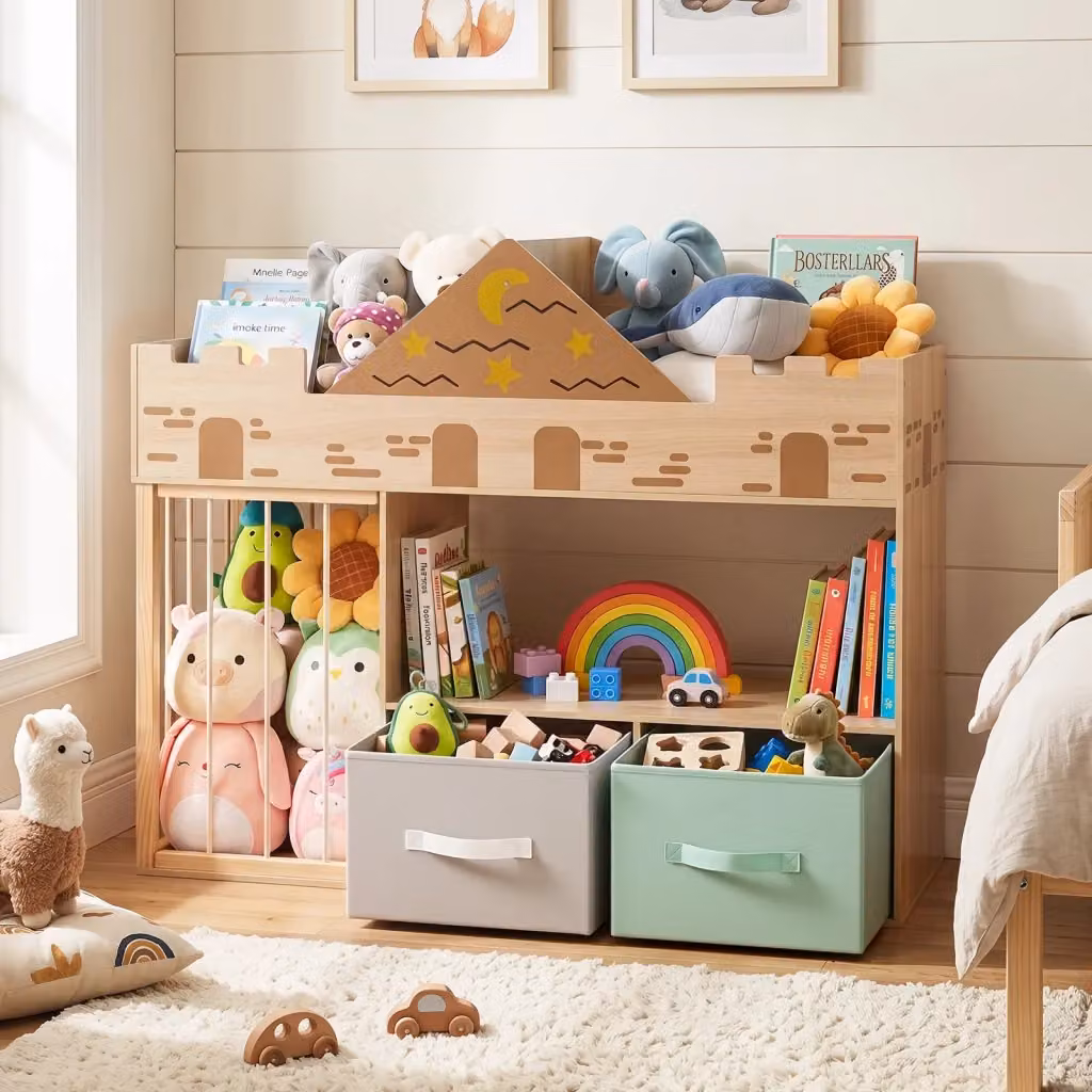 Libreria montessoriana per bambini a forma di castello DESIGN IN con scomparti aperti, 2 cassetti in tessuto e organizer per giochi in legno marrone e multicolore – 2