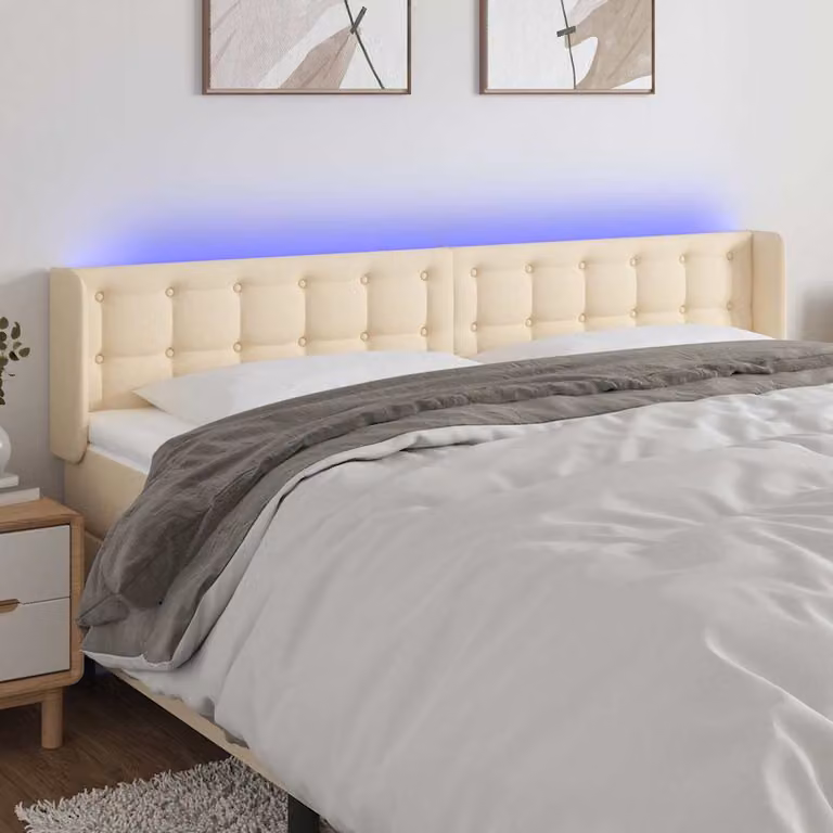 Testiera per letto vidaXL in tessuto beige con illuminazione LED e porta di ricarica USB, L 203 cm x H 78/88 cm x P 16 cm