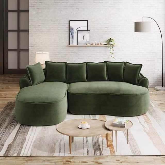 Divano modulare senza struttura in ciniglia verde con chaise longue; 2 moduli e cuscini