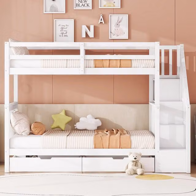Lit superpos?? per bambini - Xylo - 90x200 cm - Bianco - Con scala e due cassetti