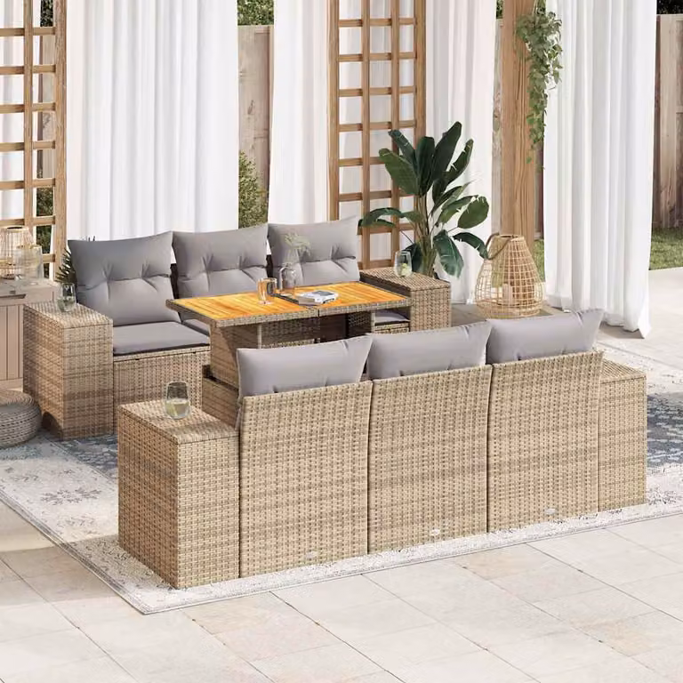 Set Divani da Giardino vidaXL 7 pz in Polyrattan con Cuscini Beige e Grigio e Tavolino da Esterno