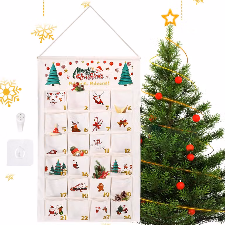 Calendario dell'Avvento in tessuto, con 24 tasche, dimensioni 114x70 cm, riutilizzabile
