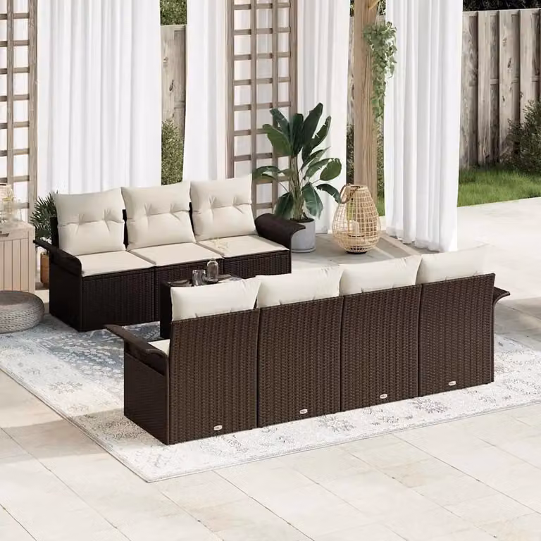 Set Divano da Giardino vidaXL 8 Pezzi Marrone con Cuscini e Tavolino in Polyrattan e Acciaio