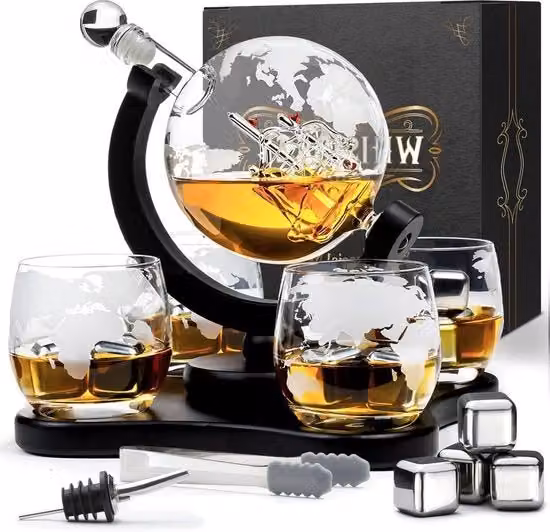 Decantatore di Whisky con forma di Globus Terrestre 900 ml, compreso di 4 bicchieri e pietre - Regalo per Uomini - Regalo di Natale