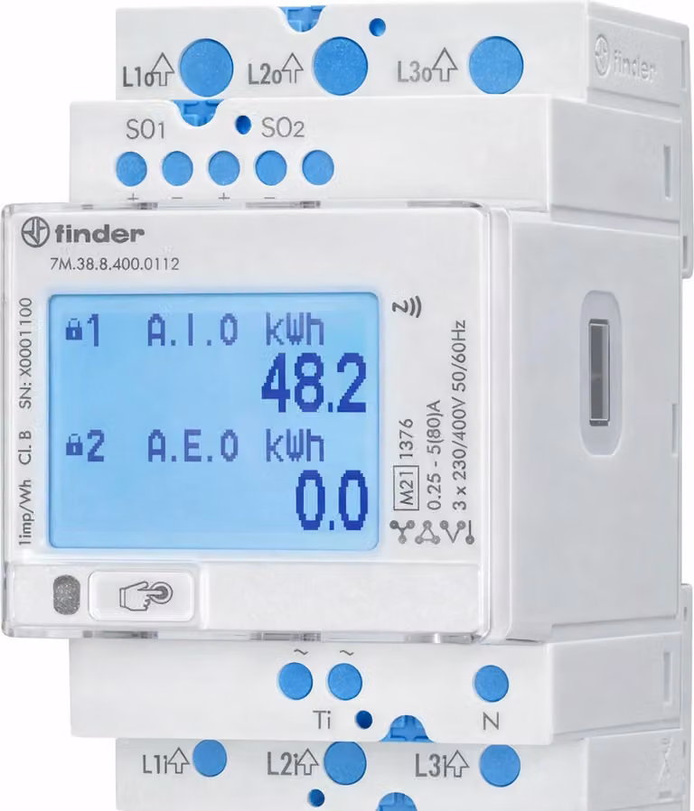Contatore di energia multifunzione Finder, LCD, 2 x S0, IR, NFC, MID, 1 pz.