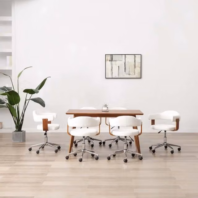 Set di 6 sedie da pranzo girevoli vidaXL bianche in similpelle e legno con ruote per cucina e ufficio