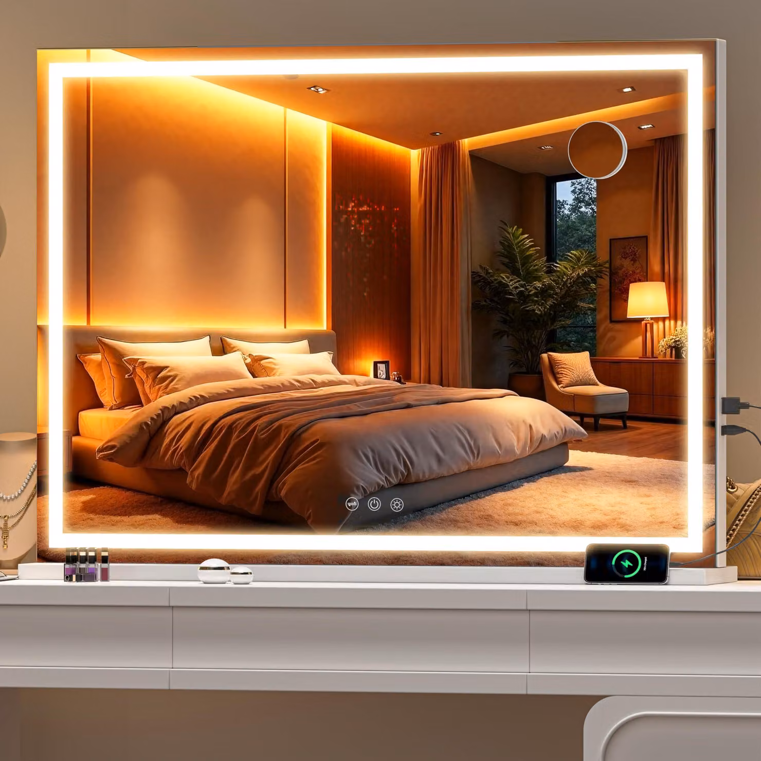 Specchio da trucco a LED, dimensioni 100x73 cm, ingrandimento 10x, con touch screen, colore bianco