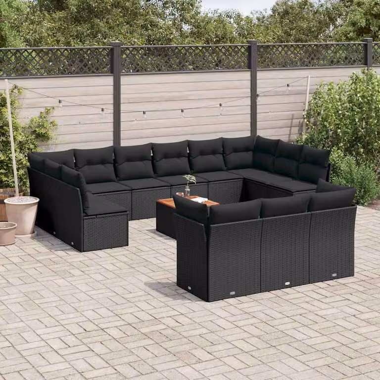 Set di divani da giardino vidaXL a forma di U in polyrattan nero con cuscini e tavolino da esterno