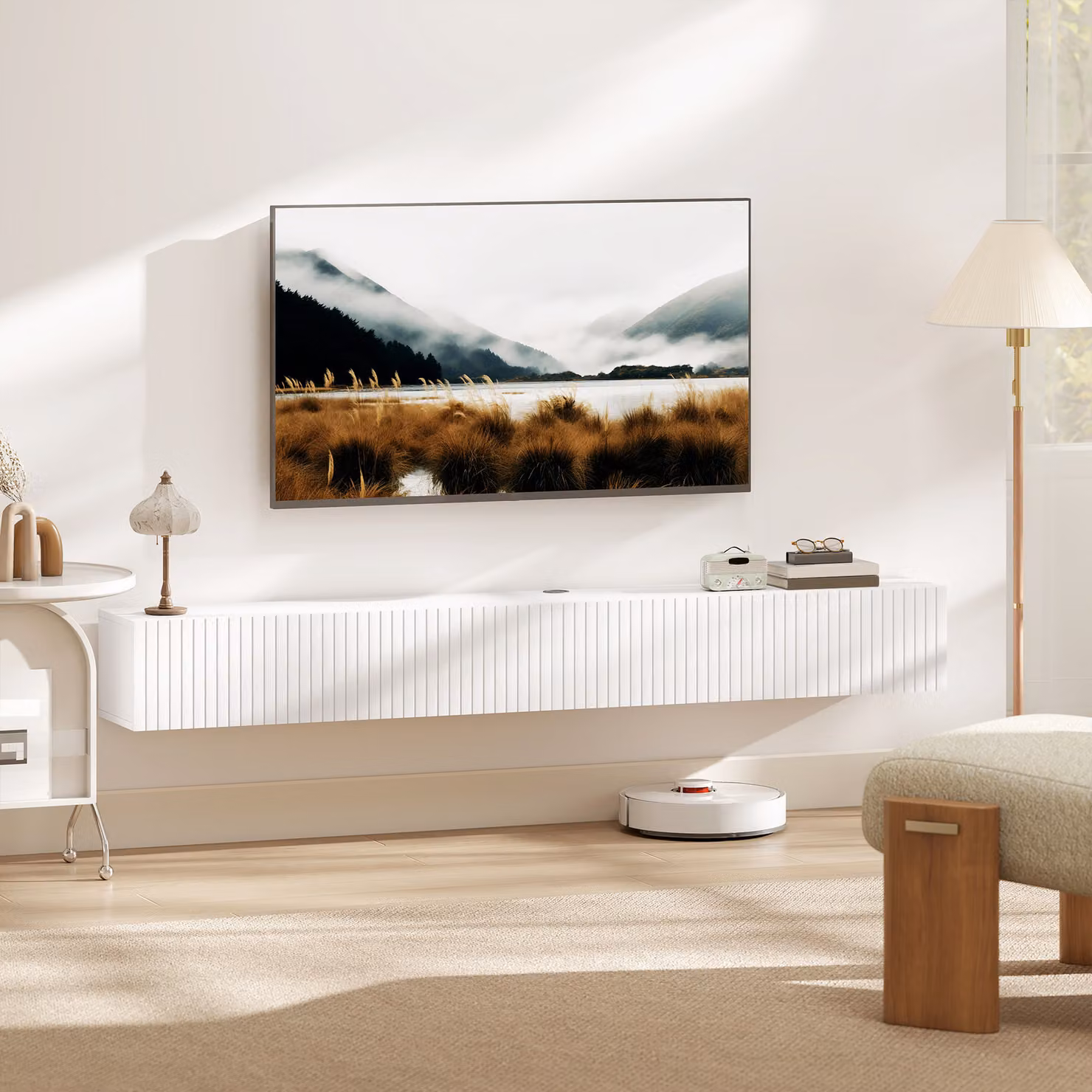 Mobile TV sospeso HOMCOM per TV fino a 182,88 cm con 2 ante ribaltabili, bianco, L: 180 cm, P: 25 cm, H: 22 cm – 2