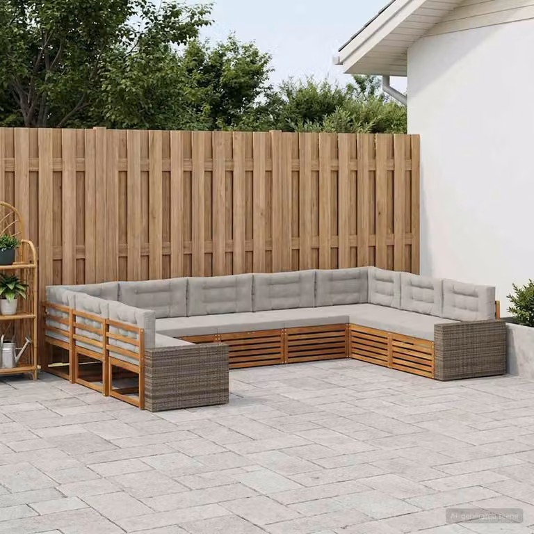 vidaXL Set di divani da esterno a L in legno di acacia con cuscini, 9 pezzi, Beige, Grigio e Marrone