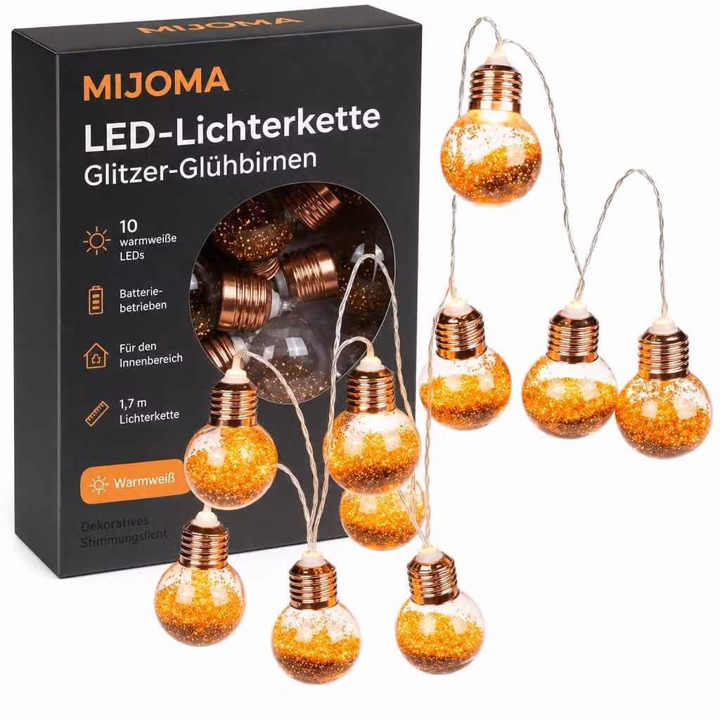 Catena luminosa a LED con 10 lampadine scintillanti a luce calda, lunghezza 1,7 metri, alimentazione a batteria