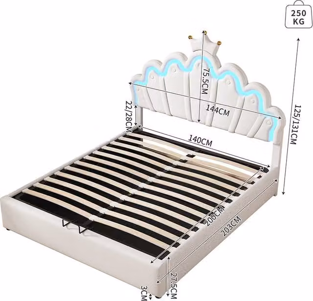 Letto a cassone per giovani - Xylo - 140x200 cm - LED regolabile imbottitura morbida beige