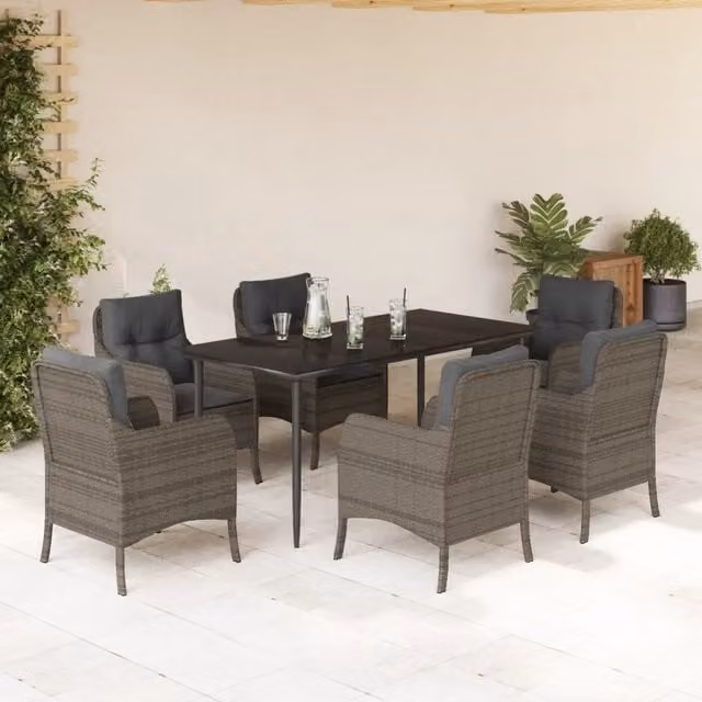 Set da pranzo da giardino VIDAXL in polyrattan e vetro con 7 pezzi e cuscini, colore grigio e nero