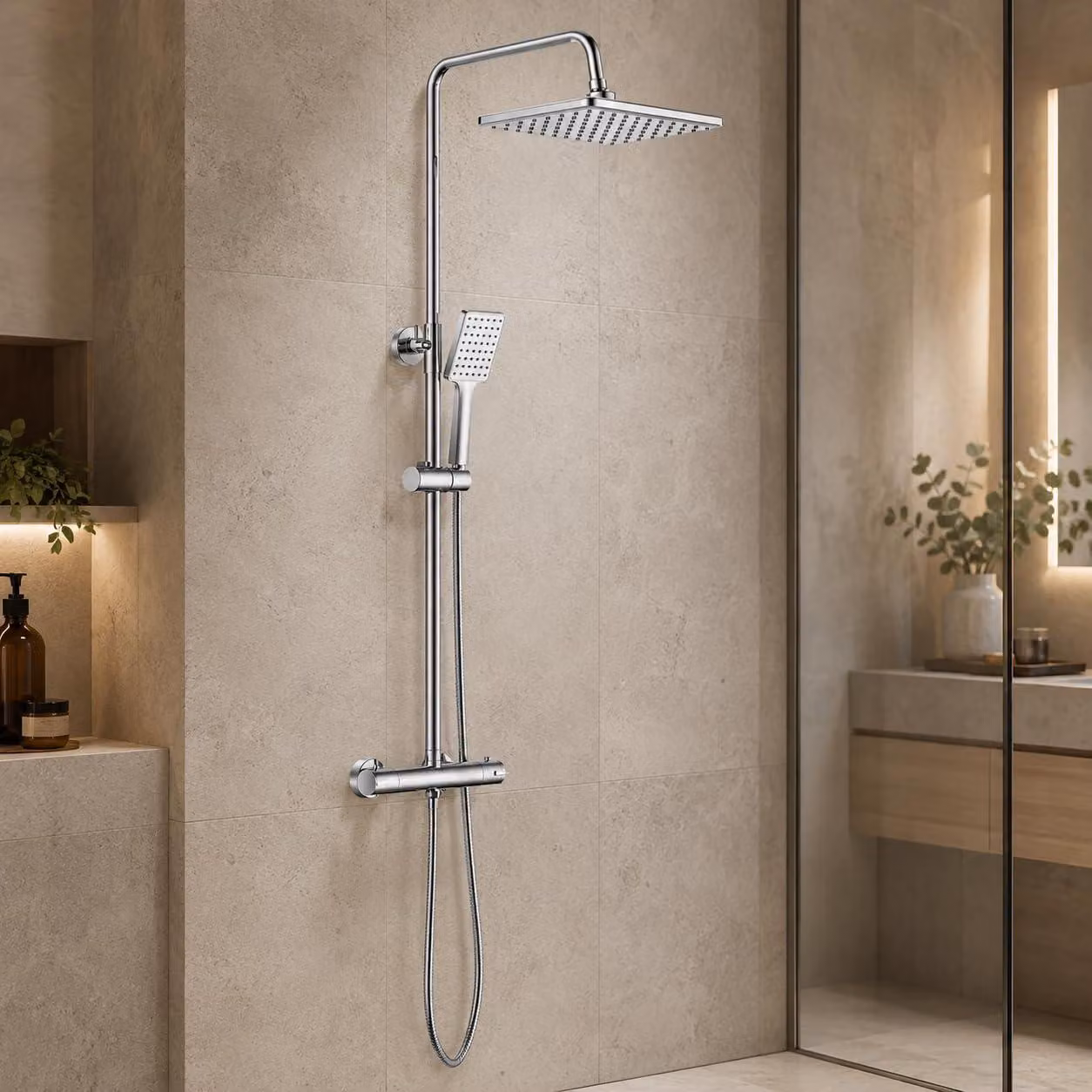 Colonna doccia termostatica, regolabile in altezza, 26x19 cm, cromata