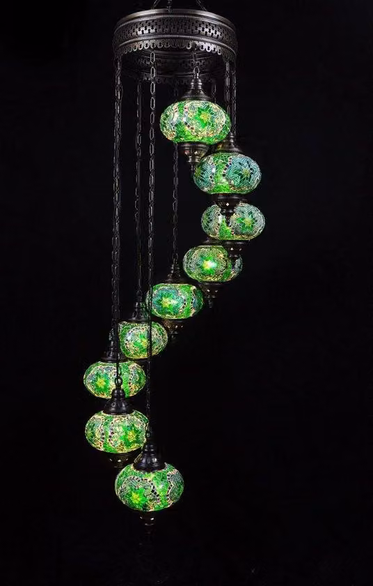Lampada a sospensione turca a 9 luci in vetro mosaico verde - lampada da soffitto orientale con 7 sfere di vetro