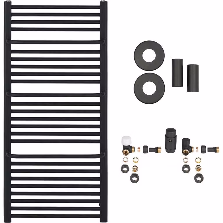 Set radiatore per bagno Antonio - riscaldamento centralizzato - attacco laterale - 655W - nero opaco - 1180x550 mm
