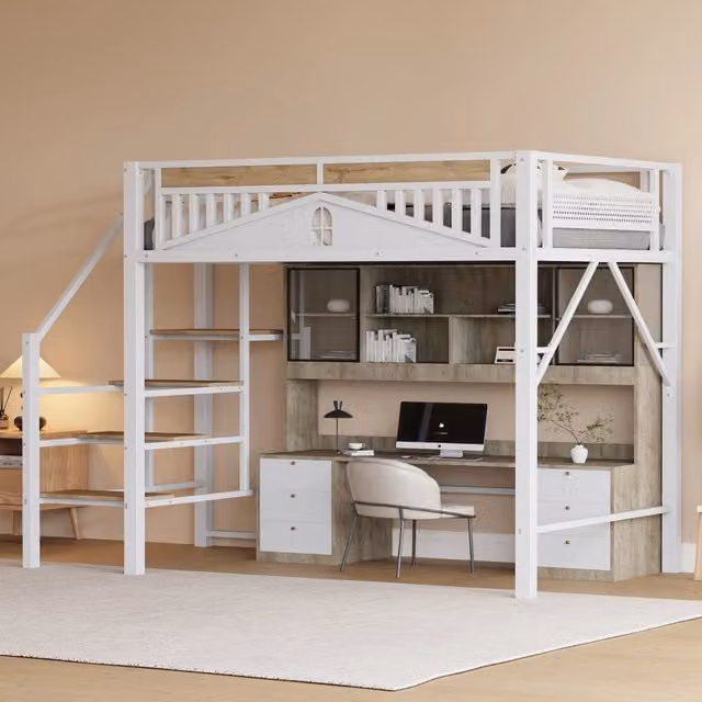 Letto a soppalco MIVRAY bianco con scala laterale e spazio sottostante, L/P/H: 140 x 200 x 170 cm